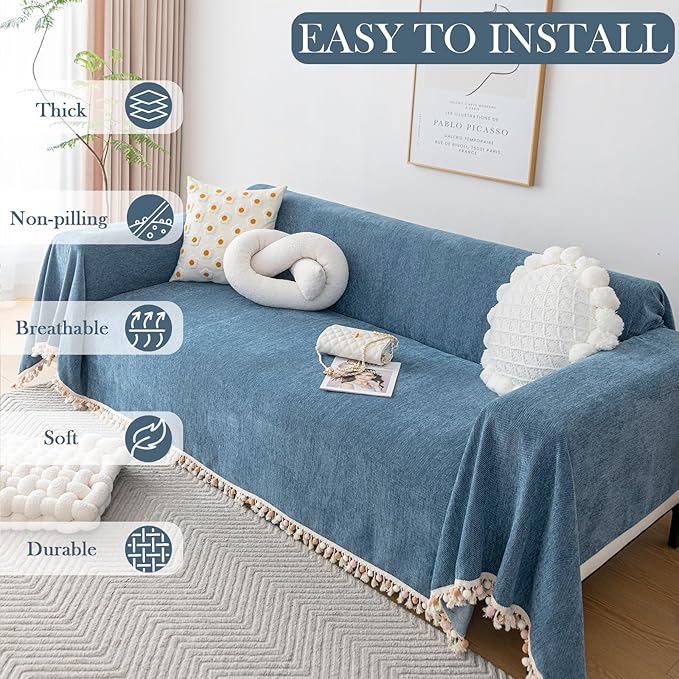HANDONTIME Couch Slipcover Dog Sofa Covers Boho Couch Cover for Dogs Blue Sofa Throw Cover Bohemian Sofa Covers for 3 Cushion Couch Herringbone Sectional Couch Cover Slipcovers for Sofas, 71" X118"
