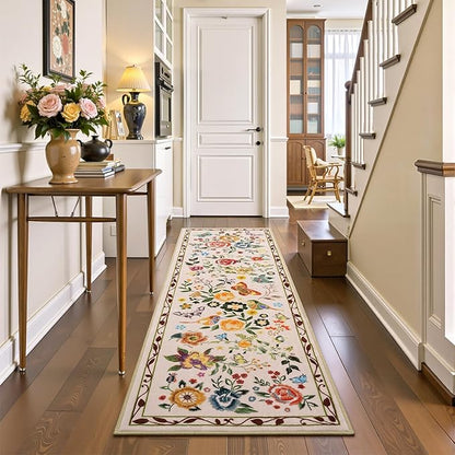 Rugflix 2x6 Runner Rug for Hallway, Washable Kitchen Runner Non Slip, Soft Low Pile Entryway Carpet, Vintage Floral Stain Resistant Long Laundry Room Rugs for Bedroom, Stairs, Beige
