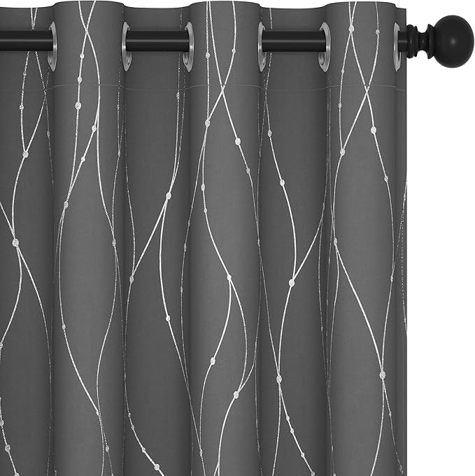 Deconovo Kitchen Curtains, Short Blackout Drapes 52 x 54 Inch, Thermal Insulated Soundproof Grommet Drape, Silver Wave Dots Foil Print Curtain for Small Windows, Living Room, Light Grey, Set of 2