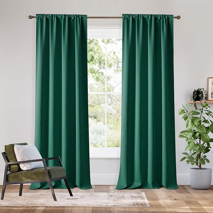 RYB HOME Bedroom Blackout Curtains 80 inches Long, 100% Blackout Thermal Insulated Noise Reducing Curtains for Living Room Nursury, 42 inches Wide by 80 inches Long, Dark Green