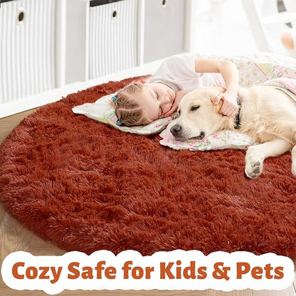 Amdrebio Terracotta Rust Round Circle Rug 6Ft for Bedroom Living Room, Fluffy Shaggy Furry Fuzzy Area Rugs for Kids Room Decor Aesthetic, Large Plush Shag Rustic Carpet for Nursery Playroom Classroom