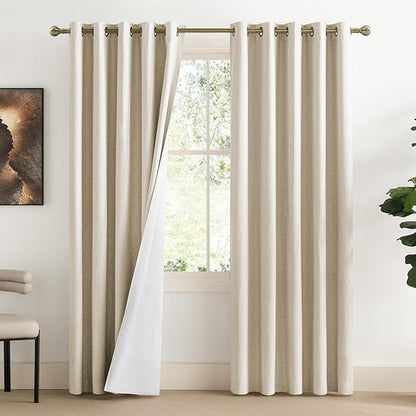 NICETOWN Beige Living Room Completely Shaded Linen Draperies, 2 Pieces, W62 x L72, Privacy Protection & Noise Reducing Ring Top Drapes, White Lined Insulated Window Treatment Curtain Panels
