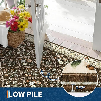 GarveeHome Living Room Rug 5x7 Rug Machine Washable Stain Resistant Area Rug Non Slip Floral Vintage Low Pile Rugs for Living Room, Bedroom, Farmhouse, Dining Room, Kids PlayroomBrown Natural