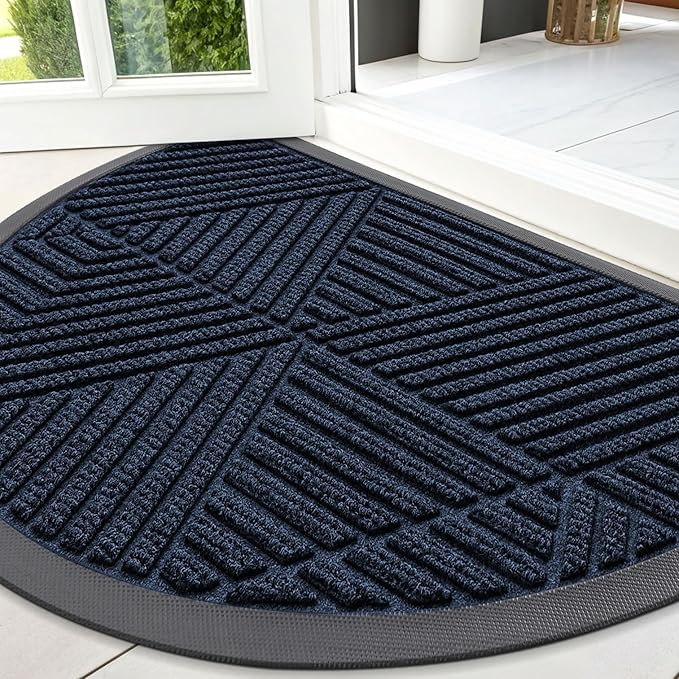 Smiry Half Circle Front Door Mat Outside Entrance, Heavy Duty Sturdy Natural Rubber Doormat, Trap Dirt and Moisture, Low Profile Mats for Indoor Outdoor Entry, Irregular Triangle (47x32, Navy Blue)