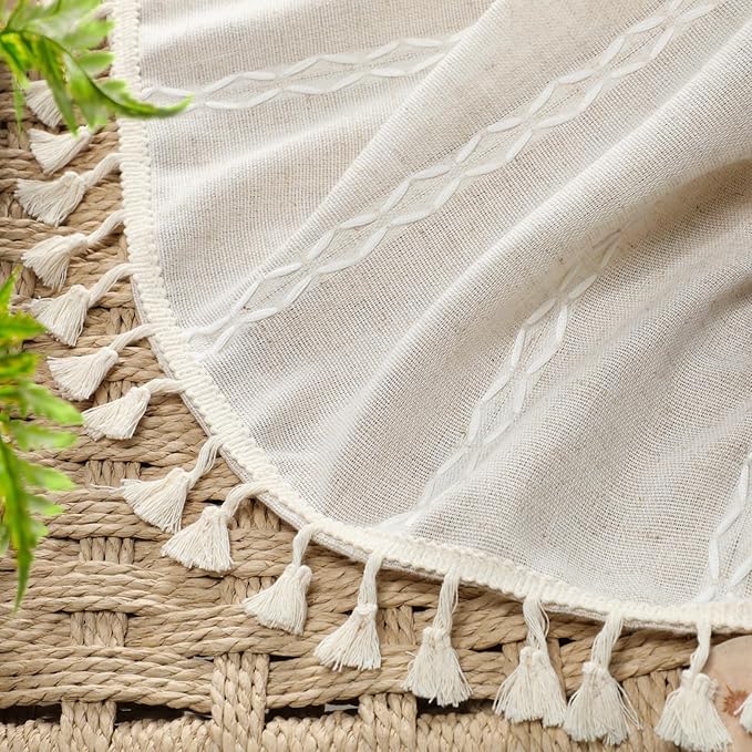 Boho 80% Blackout Curtains with Gray Liner 90 Inches Long 2 Panels Set, Beige Linen Blend Drapes with Tassels and Cotton Embroidered for Living Room Bedroom