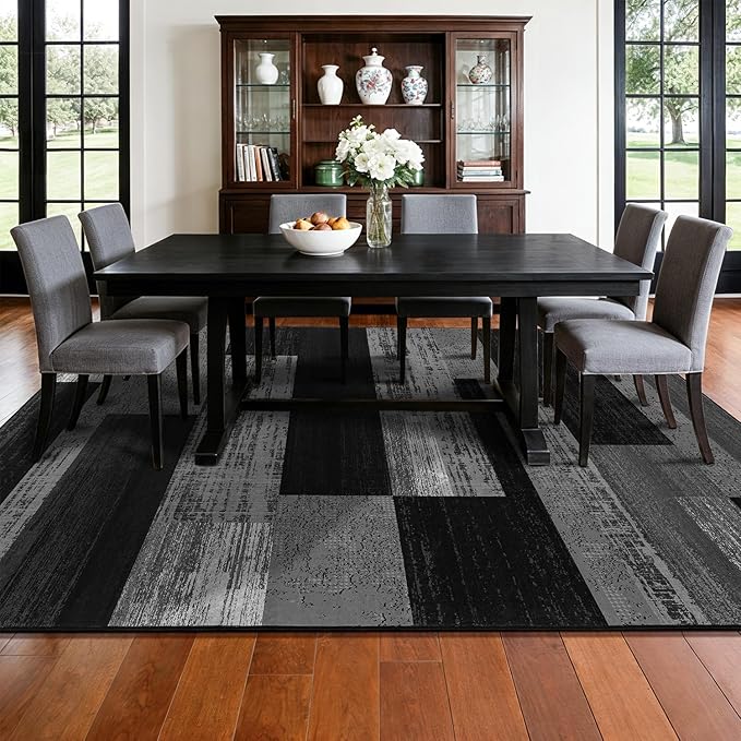 LIANLAM 5x7 Washable Area Rugs for Living Room and Bedroom, Vintage Checkered Pattern Non-Slip Carpet, Stain Resistant Low Pile Soft Rug for Dining Room,Office,Nursery,Kids Room(5x7,Gray)