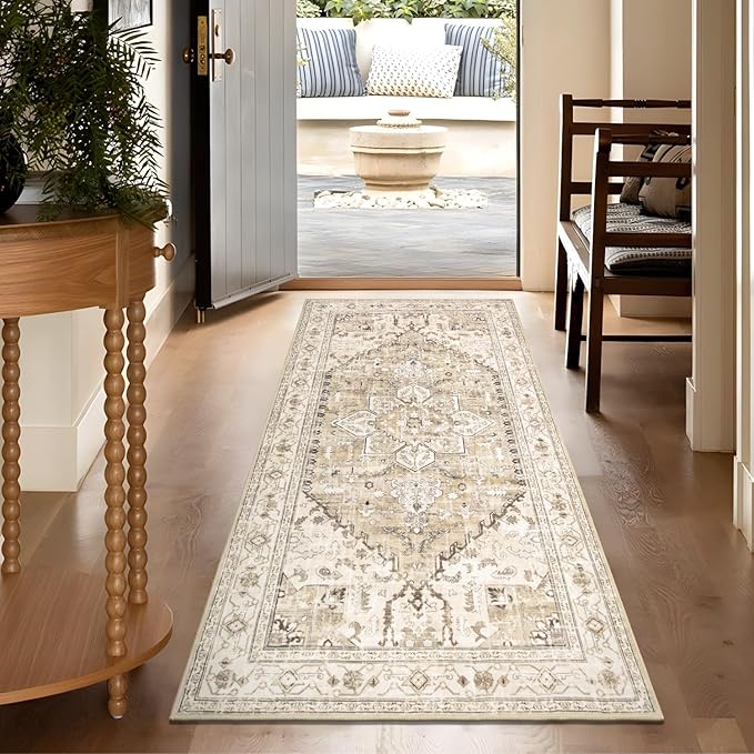 Yamaziot Washable Runner Rug, 3x6 Non-Slip Boho Vintage Hallway Rug with Rubber Backing, Low Pile Faux Wool Distressed Carpet Runner for Bedroom, Kitchen, Laundry, Entrance