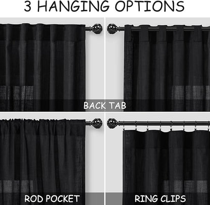 Nanspring 96 inch Linen Curtains for Bedroom Living Room Light Filtering Privacy Black Simple Modern Curtains Back Tab and Rod Pocket Curtain for Office/Dinner Room 70x96,2 Panel