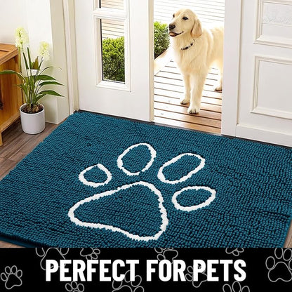 Smiry Dog Door Mat for Muddy Paws, Absorbent Dirt Trapper Non Slip Quick Dry Washable Chenille Mat for Mud Dogs, Entry Rug for Indoor and Outdoor (48x30 Inches, Atlantic Blue and White)
