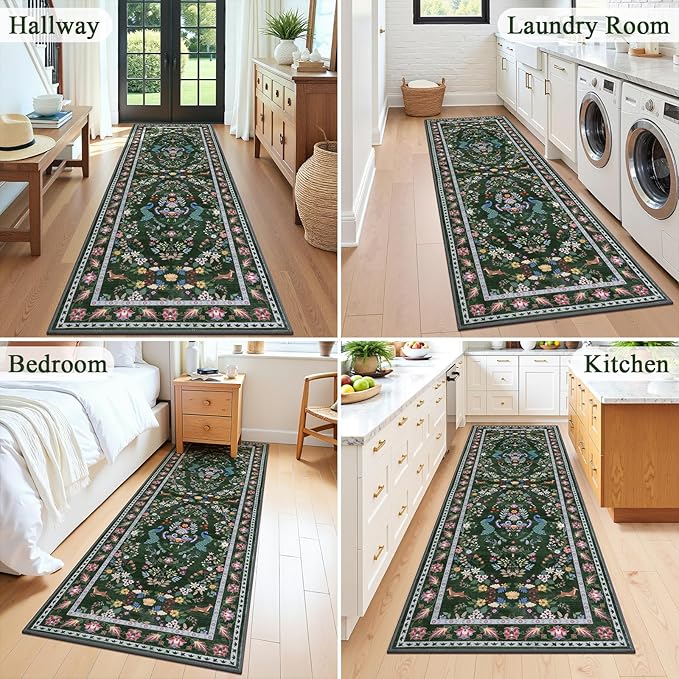 HEBE Washable Hallway Runner Rug 2'x 8' Non Slip Kitchen Rugs Runner,Low Pile Entryway Rug Laundry Room Mat Floral Carpet Runners for Hallways, Kitchen,Bathroom,Laundry,Bedside Rug