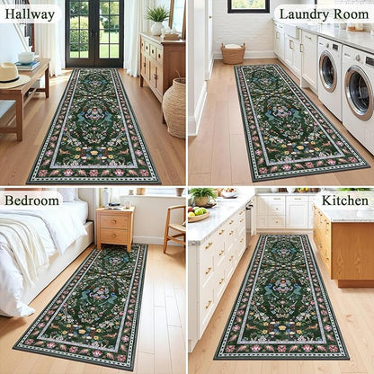 HEBE Washable Hallway Runner Rug 2'x 8' Non Slip Kitchen Rugs Runner,Low Pile Entryway Rug Laundry Room Mat Floral Carpet Runners for Hallways, Kitchen,Bathroom,Laundry,Bedside Rug