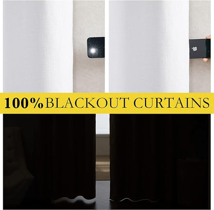 NICETOWN 100% Absolutely Blackout Linen Curtains with Thermal Insulated White Liner, White, 34 inches Wide, 90 inches Length Energy Saving Curtains for Living Room 2 Panels Set, Vertical Blinds