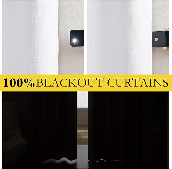 NICETOWN 100% Absolutely Blackout Linen Curtains with Thermal Insulated White Liner, White, W62, 2 Pieces, Noise Reducing Textured Linen Look Curtains for Windows 95 inch Length for Classroom