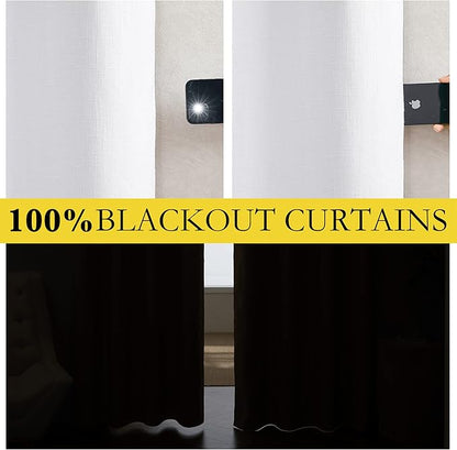 NICETOWN 100% Absolutely Blackout Linen Curtains with Thermal Insulated White Liner, White, 52" W x 63" L, Set of 2, Vintage Linen Textured Privacy Window Treatment Light Blocking for Living Room