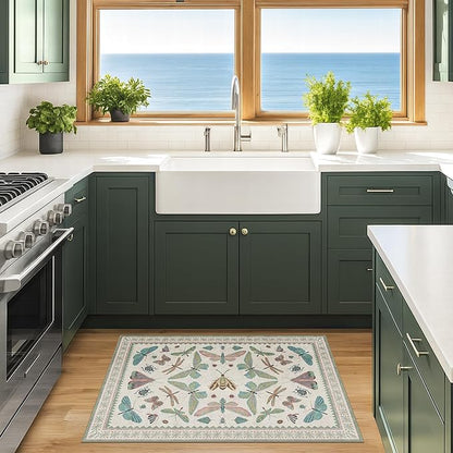 Hazo Haus Washable Boho Bathroom Rug 2x3, Small Throw Rugs for Kitchen, Powder Room, Front Door Indoor Entrance, Non Slip Low Pile Stain Resistant, Dusty Green Colorful Cool Insect Aethestic