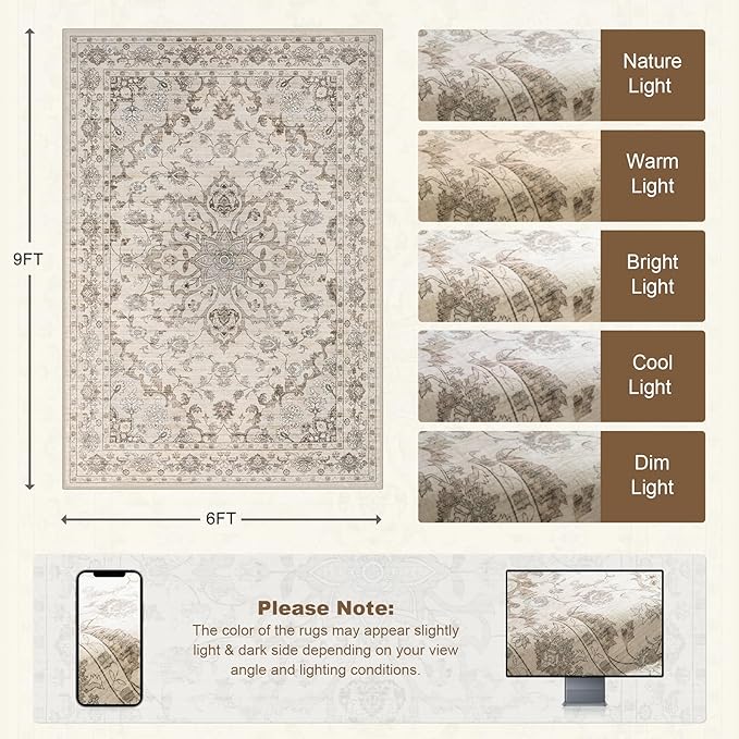 6x9 Area Rugs Living Room Rug: Washable Vintage Distressed Floral Rug No Slip Stain Resistant Soft Carpet Indoor Floor Large Carpets for Bedroom Dining Room Farmhouse Nursery Home Office Brown Beige