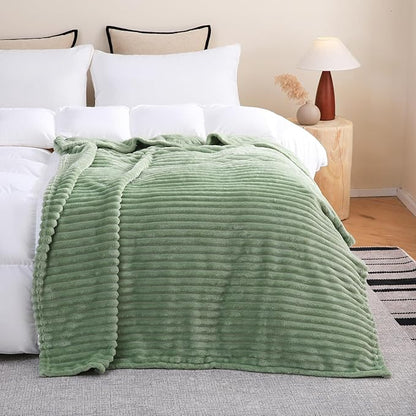 Sage Green Fleece Throw Blanket 50”×60” for Couch Sofa Bed,Super Soft Cozy Plush Microfiber Flannel Blanket with Stripes Design Lightweight for Adults,Woman,Girls