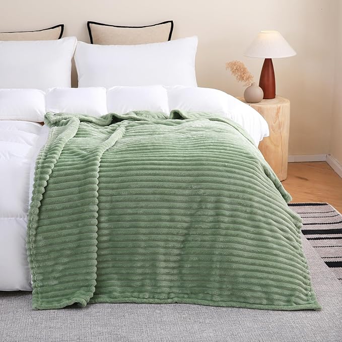 Sage Green Fleece Throw Blanket 60”×80” for Couch Sofa Bed,Super Soft Cozy Plush Microfiber Flannel Blanket with Stripes Design Lightweight for Adults,Woman,Girls