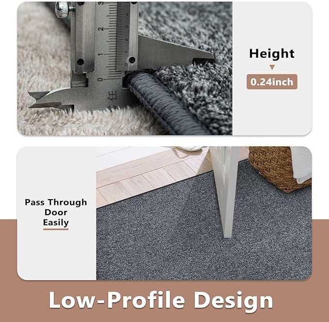 FinRèc 7x10 Washable Area Rugs for Bedroom Living Room, Low Pile Thin Rug Solid Color, Non-Slip Carpet Indoor for Home Decor (Grey)