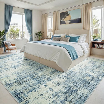 8x10 Area Rugs for Living Room Washable Rug: Anti-Skid Abstract Modern Living Room Rug Soft Thin Carpets Indoor Floor Non-Shedding Carpet for Bedroom Dining Farmhouse Nursery Blue Gray Gold