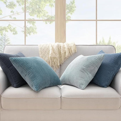 Topfinel Decorative Throw Pillow Covers Aque Teal Blue Gray Series,Summer Corduroy Striped Toss Pillows for Couch,Patio,Balcony,Children Bedroom,Modern Fluffy Blue Gradient Shams 20x20 Inch Set of 4