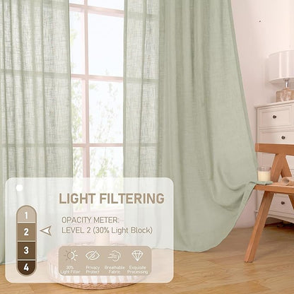 LAMIT Linen Curtains for Living Room 84 Inch Length, Bronze Grommet Light Filtering Semi Sheer Drapes Neutral Rustic Farmhouse Boho Panels for Bedroom, 2 Panels, Sage Grey, 52 x 84 Inch