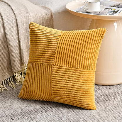 Fancy Homi 2 Packs Gold Yellow Samll Decorative Throw Pillow Covers 14x14 Inch with for Couch Bed Sofa, Farmhouse Boho Spring Home Decor, Soft Corss Patchwork Corduroy Square Cushion Case 35x35 cm