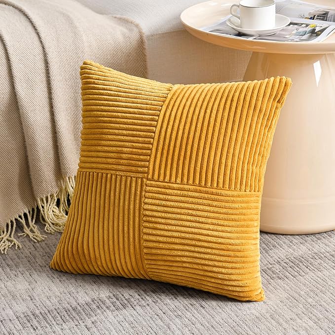 Fancy Homi 2 Packs Gold Yellow Spring Decorative Throw Pillow Covers 16x16 Inch for Couch Bed Sofa, Rustic Farmhouse Boho Home Decor, Soft Corss Patchwork Corduroy Textured Square Cushion Case 40x40cm