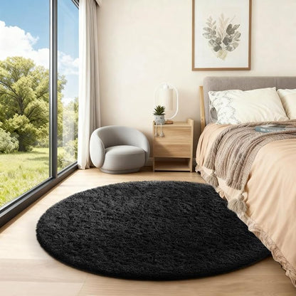 Ophanie Round Rug 4Ft Black Circle Area Rug, Room Decor for Men, Fluffy Fuzzy Bedroom Carpet, Plush Soft Shaggy Living Room Rugs for Kids Home Decor Aesthetic, Nursery