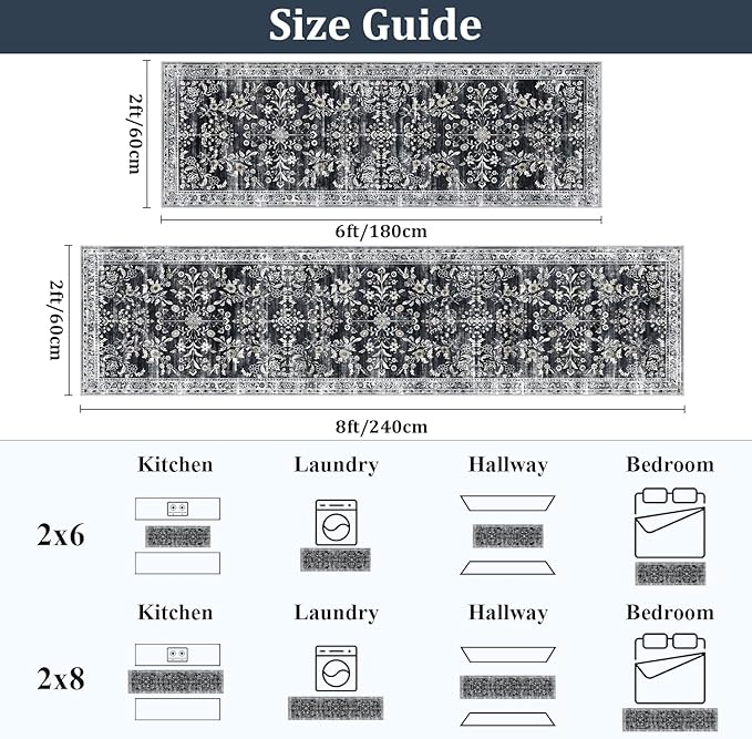 Yamaziot Washable Runner Rug 2x6 – Non Slip Boho Floral Hallway Runner Rug with Rubber Backing,Low Pile Faux Wool Distressed Carpet for Kitchen, Laundry, Bedroom, Entrance, Navy/Black