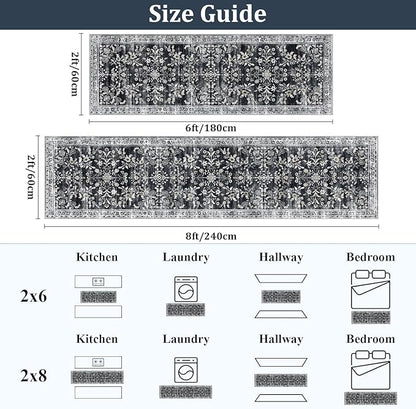 Yamaziot Washable Runner Rug 2x6 – Non Slip Boho Floral Hallway Runner Rug with Rubber Backing,Low Pile Faux Wool Distressed Carpet for Kitchen, Laundry, Bedroom, Entrance, Navy/Black