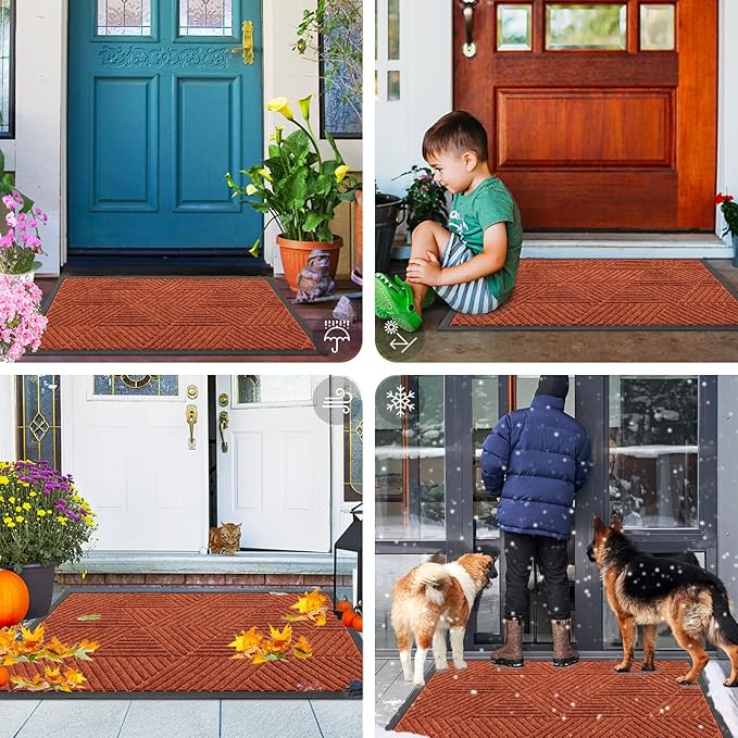 Smiry Front Door Mat Outside Entrance, Heavy Duty Sturdy Natural Rubber Doormat, Trap Dirt and Moisture, Easy Clean Low Profile Mats for Indoor Outdoor Entry, Irregular Triangle (29.5x17, BRN-Orange)