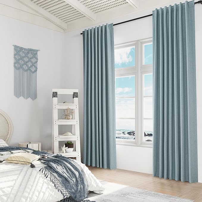 Guken Blue 100% Blackout Linen Curtains 100 Inch Length 2 Panels Set for Living Room Bedroom Back Tab Thermal Insulated Black Out Drapes Room Darkening Farmhouse Window Curtains Dusty Blue