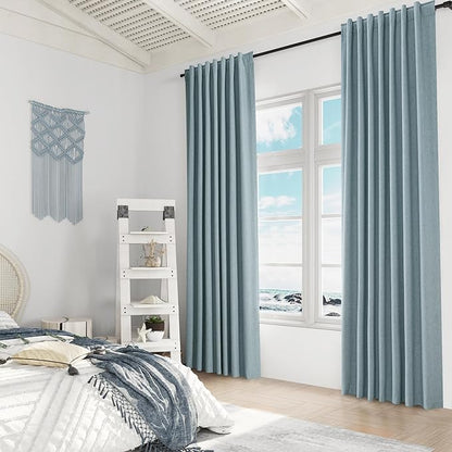 Guken 100% Blackout Linen Curtains 90 Inch Length 2 Panels Set for Living Room Bedroom Back Tab Thermal Insulated Black Out Drapes Room Darkening Farmhouse Style for Bedroom Window Curtains 52x90