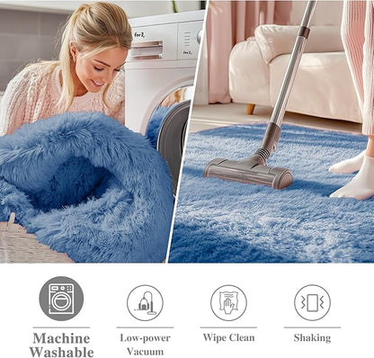 OLANLY Blue Round Rugs for Bedroom - Machine Washable, 5 ft Circle Area Rugs for Living Room, Soft and Fluffy Shaggy Carpet for Teen Girl and Boys, Nursery Rooms, Dorms, Home Decor Aesthetic
