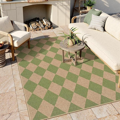 Lahome Colette Checkered Washable Rugs 5x7, Green Area Rug Neutral Large Outdoor Patio Living Room Rug, Farmhouse Non Slip Non Shedding Floor Carpet for Courtyard Camping