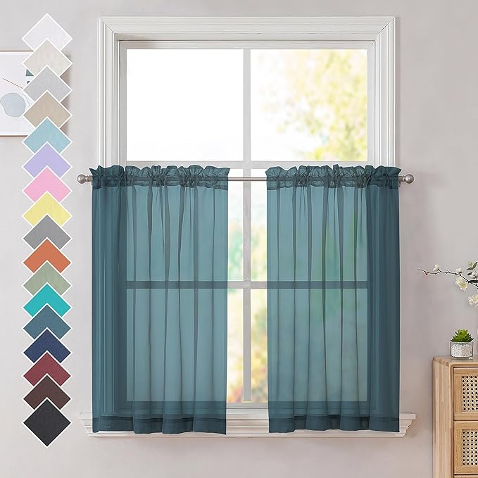 OVZME Dusty Blue Sheer Curtains 36 inches Long, Short Kitchen Window Treatment Solid Sheers Cafe Curtains Bathroom Voile Half Window Curtains 2 Panels, Rod Pocket, 42" Wx36 L