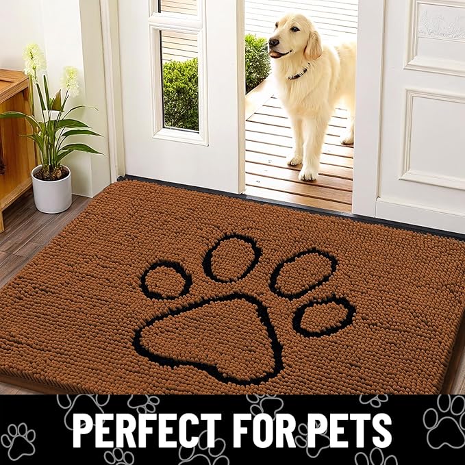 Smiry Dog Door Mat for Muddy Paws, Absorbent Dirt Trapper Non Slip Quick Dry Washable Chenille Mat for Mud Dogs, Entry Rug for Indoor and Outdoor (30x20 Inches, Ochre and Black)