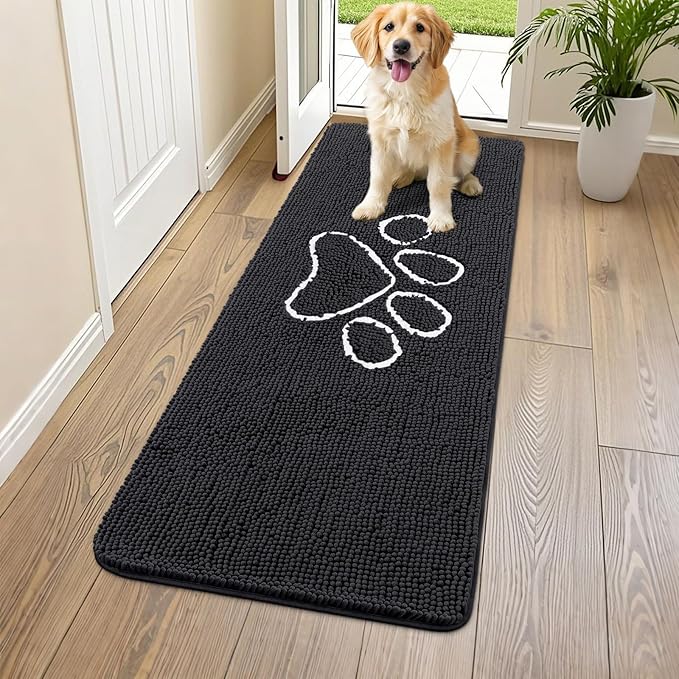 Smiry Dog Door Mat for Muddy Paws, Absorbent Dirt Trapper Non Slip Quick Dry Washable Chenille Mat for Mud Dogs, Entry Rug for Indoor and Outdoor (59x24 Inches, Black and White)