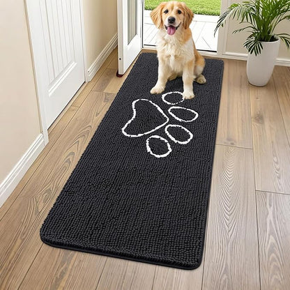 Smiry Dog Door Mat for Muddy Paws, Absorbent Dirt Trapper Non Slip Quick Dry Washable Chenille Mat for Mud Dogs, Entry Rug for Indoor and Outdoor (59x24 Inches, Black and White)
