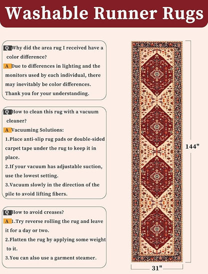 SERISSA Runner Rug for Hallways, 2'6"x12' Washable Non Slip Kitchen Runner Rug, Extra Long Boho Rug Ultra Soft Vintage Red Black Print Floor Carpet for Bedroom Hallway Entryway Bathroom Laundry Room