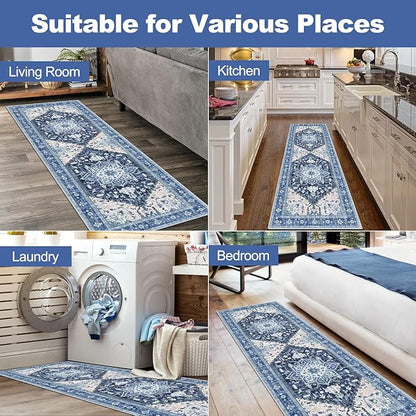 Yamaziot Washable Runner Rug, 2x6 Non-Slip Boho Vintage Hallway Rug Runner with Rubber Backing, Stain Resistant & Low Pile Faux Wool Distressed Carpet Runner for Kitchen, Laundry, Entrance, Blue