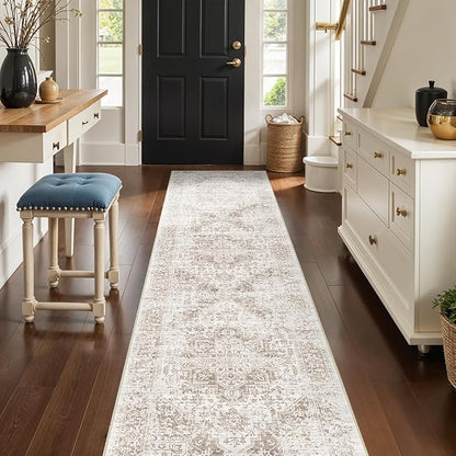 3x12 Washable Hallway Runner Rug - Non Slip Kitchen Runner Rugs with Rubber Backing Vintage Low-Pile Carpet Runners for Entryway Dining Room Laundry Room Home Decor (Cream/Camel)