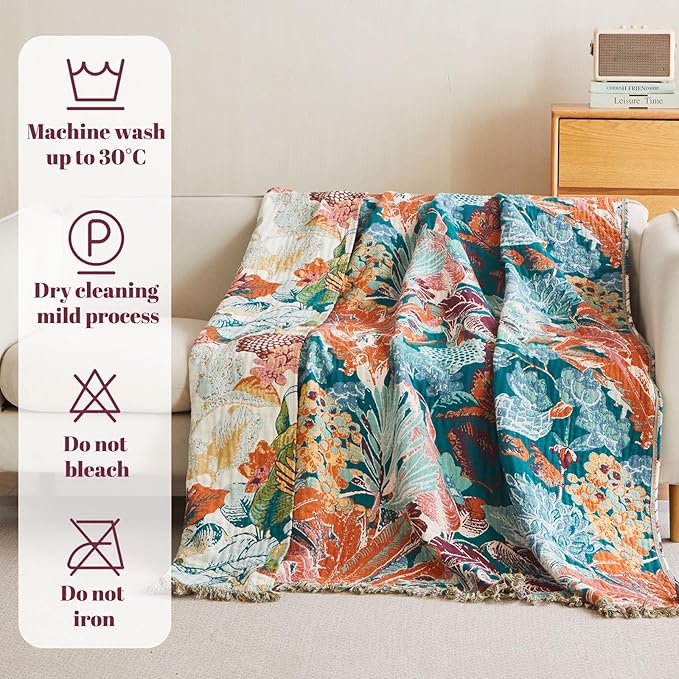 MSGKV Boho Throw Blanket for Bed Couch 100% Cotton Blanket 60"x80" Spring Breathable Farmhouse Lightweight Muslin Blankets Home Decor