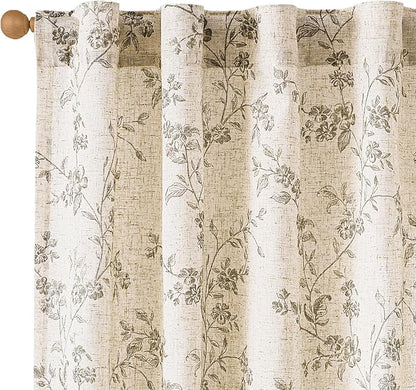Lazzzy Grey Floral Linen Curtains 84 Inch Farmhouse Back Tab Drapes for Living Room Bedroom Light Filtering Vintage Grandmillennial Rod Pocket Curtains, 2 Panels, W38 x L84, Grey on Beige