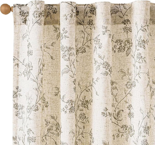 Lazzzy Grey Floral Linen Curtains 96 Inch Farmhouse Back Tab Drapes for Living Room Bedroom Light Filtering Vintage Grandmillennial Rod Pocket Curtains, 2 Panels, W38 x L96, Grey on Beige