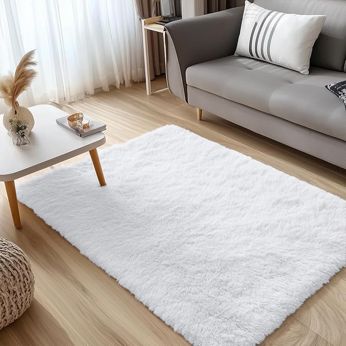 OLANLY 4x5 Machine Washable Accent Rug, Soft Fluffy Shaggy Area Rug for Bedroom, Living Room, Indoor Floor Carpet for Kids, Nursery, Home Decor, White