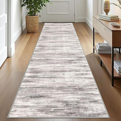 KOZYFLY Modern Abstract Washable Rug Runner 2.6x10 Hallway Rug Runner Non-Slip Soft Kitchen Runner Rugs, Grey/Light Beige/Brown Striped Carpet for Entryway Bathroom