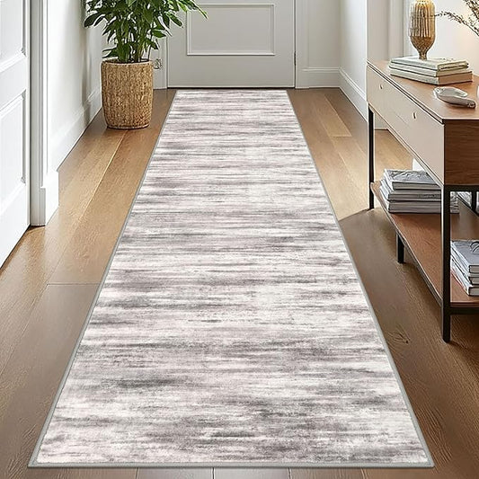 KOZYFLY Modern Abstract Washable Rug Runner 2.6x10 Hallway Rug Runner Non-Slip Soft Kitchen Runner Rugs, Grey/Light Beige/Brown Striped Carpet for Entryway Bathroom