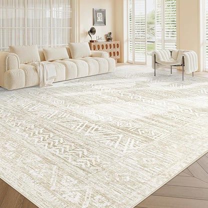Living Room Rugs 9x12: Washable Moroccan Geometric Boho Rug Farmhouse Non Slip Stain Resistant Large Rug Low Pile Soft Carpet for Bedroom Dining Room Kids Room (Ivory Beige,9'x12')